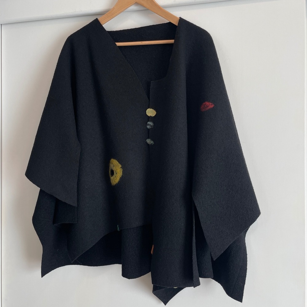 Handmade Black Wool Poncho Cape Colorful Felt Detailing Asymmetrical Womens S